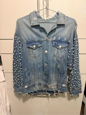 Sunset + Spring, Pearl-Embellished Distressed Denim Jacket, Oversized, Trendy, S